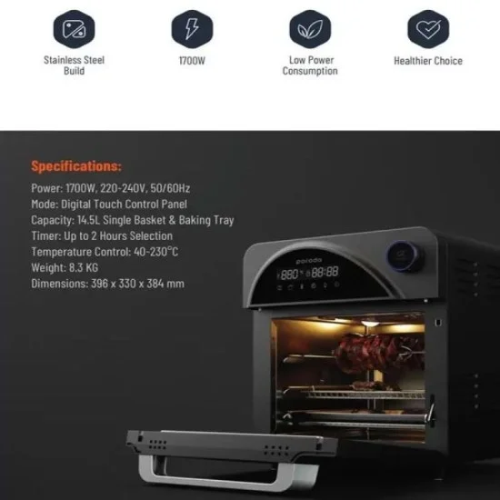 Porodo Lifestyle Dual Mode Touch Control Air Fryer - Oven With Advanced Air-Flow Circulation - Black